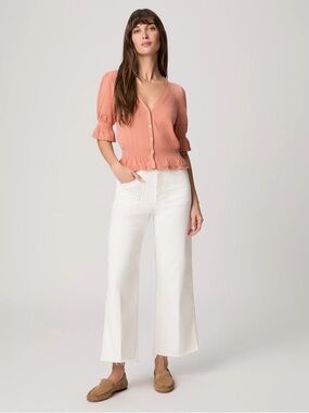 Paige Aneesa Utility High Rise Wide Leg Raw Hem Jeans Ecru White Size 27 Petite